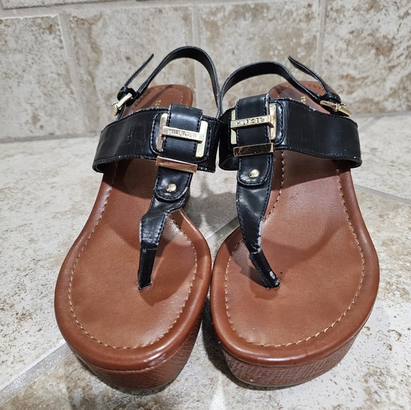 Tommy Hilfiger Women’s 8M Black Leather Wedge Sandals Brown Platform Heels Y2K - Picture 3 of 8